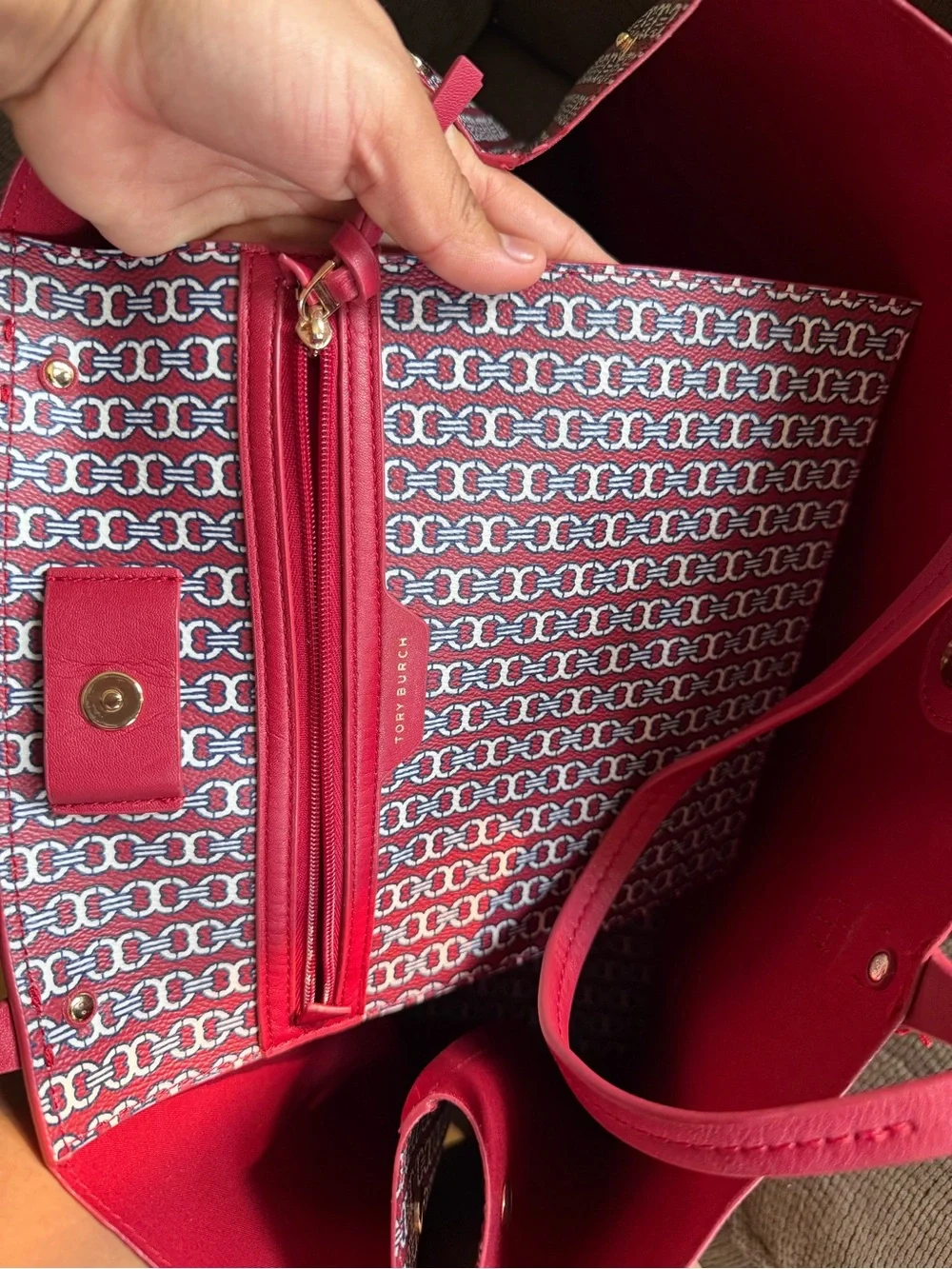 Tory Burch Red Patterned Tote with Center Stripe Accent